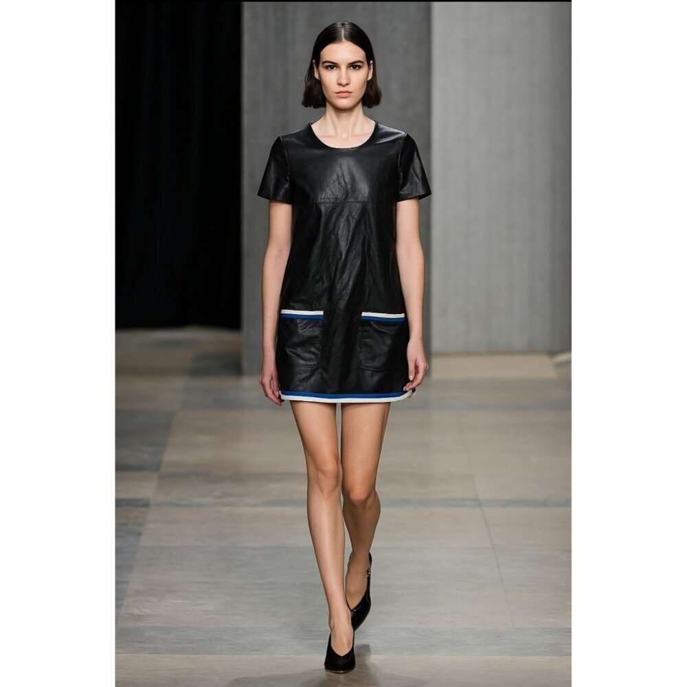Women's Black Faux Leather Dress M Short Sleeve Mod Style Pockets & Trim